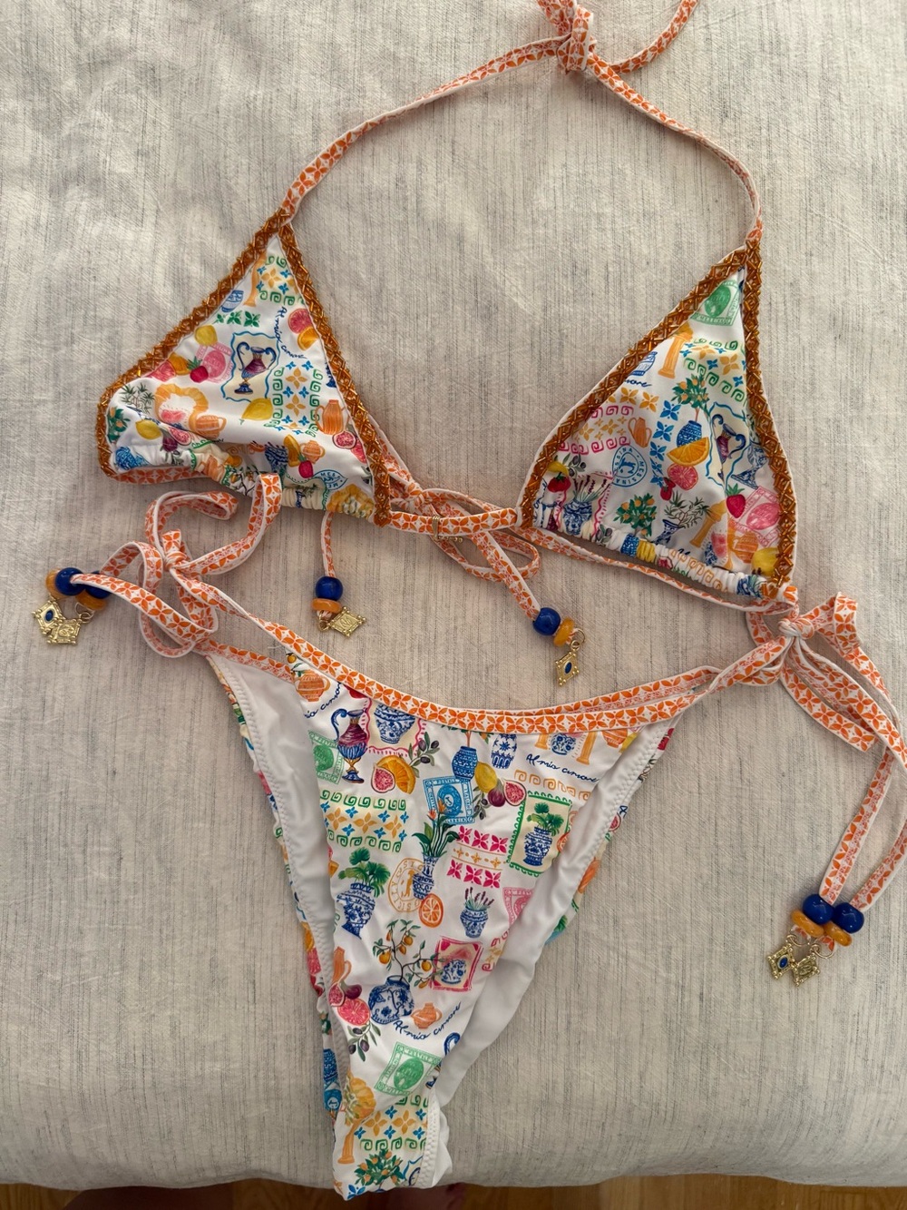 Bydee Colorful Printed Triangle Bikini Set with Orange Trim Medium